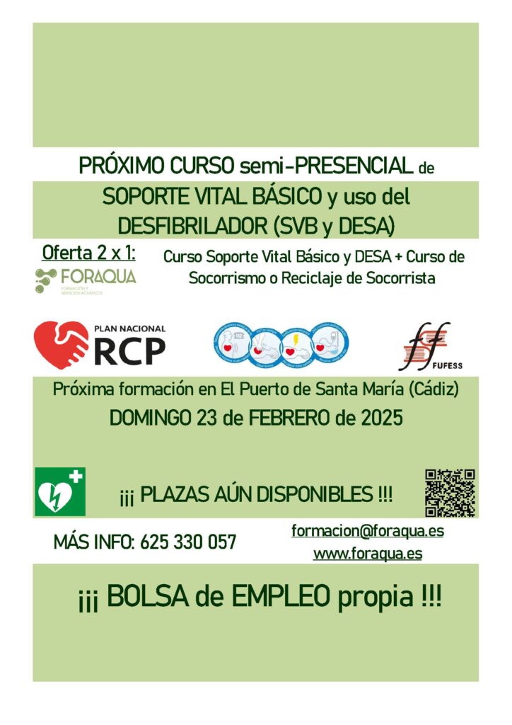 Curso de soporte vital básico y desfibrilador automático para el día 23 de FEBRERO de 2024 en El Puerto de Santa María (Cádiz). Reconocido por la Fundación FUFESS