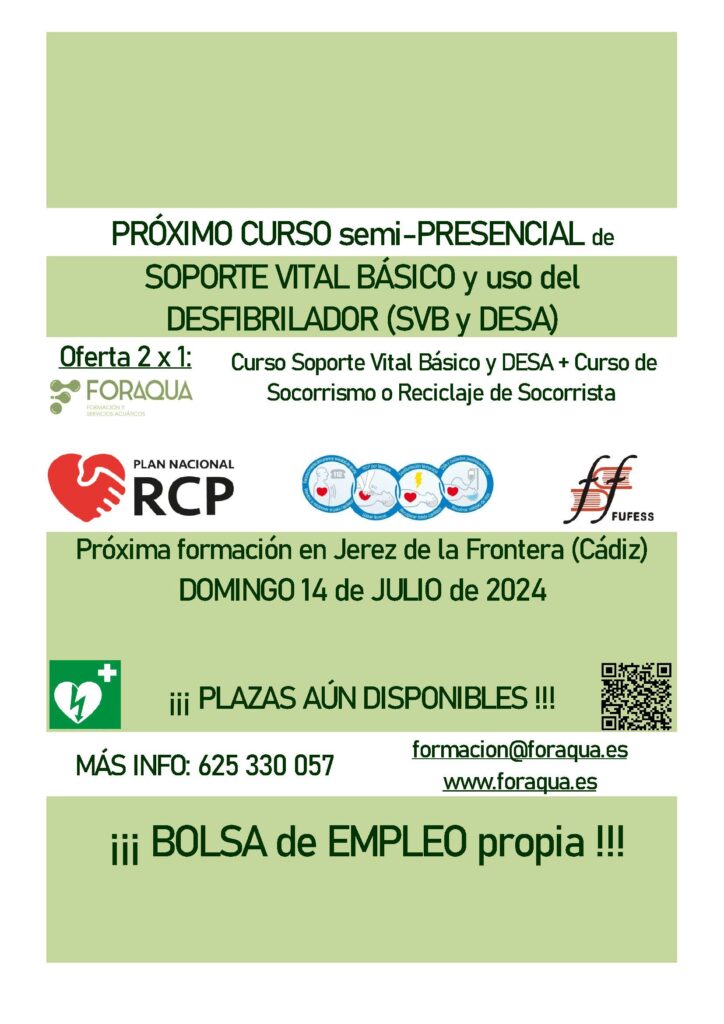 Curso de soporte vital básico y desfibrilador automático para el día 14de JULIO de 2024 en Jerez de la Frontera (Cádiz). Reconocido por la Fundación FUFESS