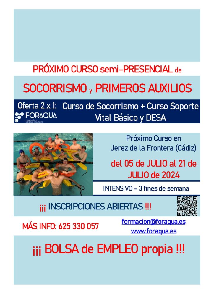 ForAqua organiza un curso de socorrista que comenzará a partir del 05 de JULIO de 2024 en Jerez de la Frontera (Cádiz). Aprovecha esta oportunidad